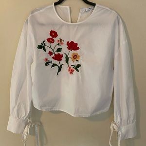 Mango Floral Embroidered Tie Sleeve Top